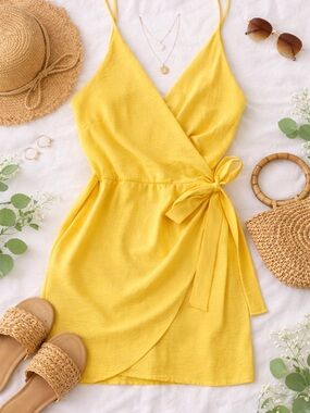 NWT Yellow Wrap Dress L Flowy Tie Waist Summer Vacation Sundress